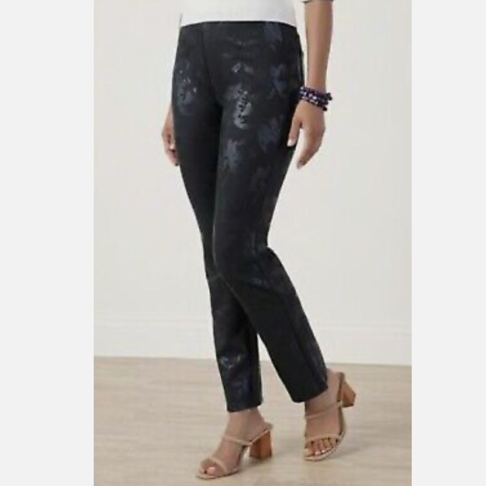 Soft Surroundings Ponte Twilight Floral Leggings Black Pull On-Petite Medium